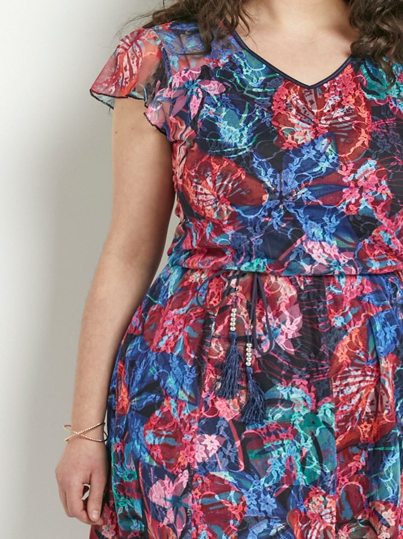 Robe courte col V dentelle imprimée - Afibel Multicolore - Kiabi