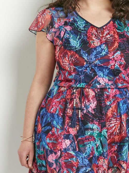 Robe courte col V dentelle imprimée - Kiabi