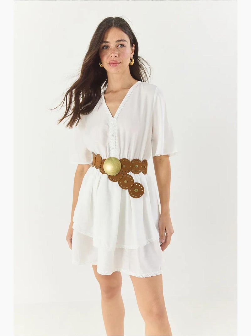 Robe courte col v dentelle lucci Blanc - Kiabi