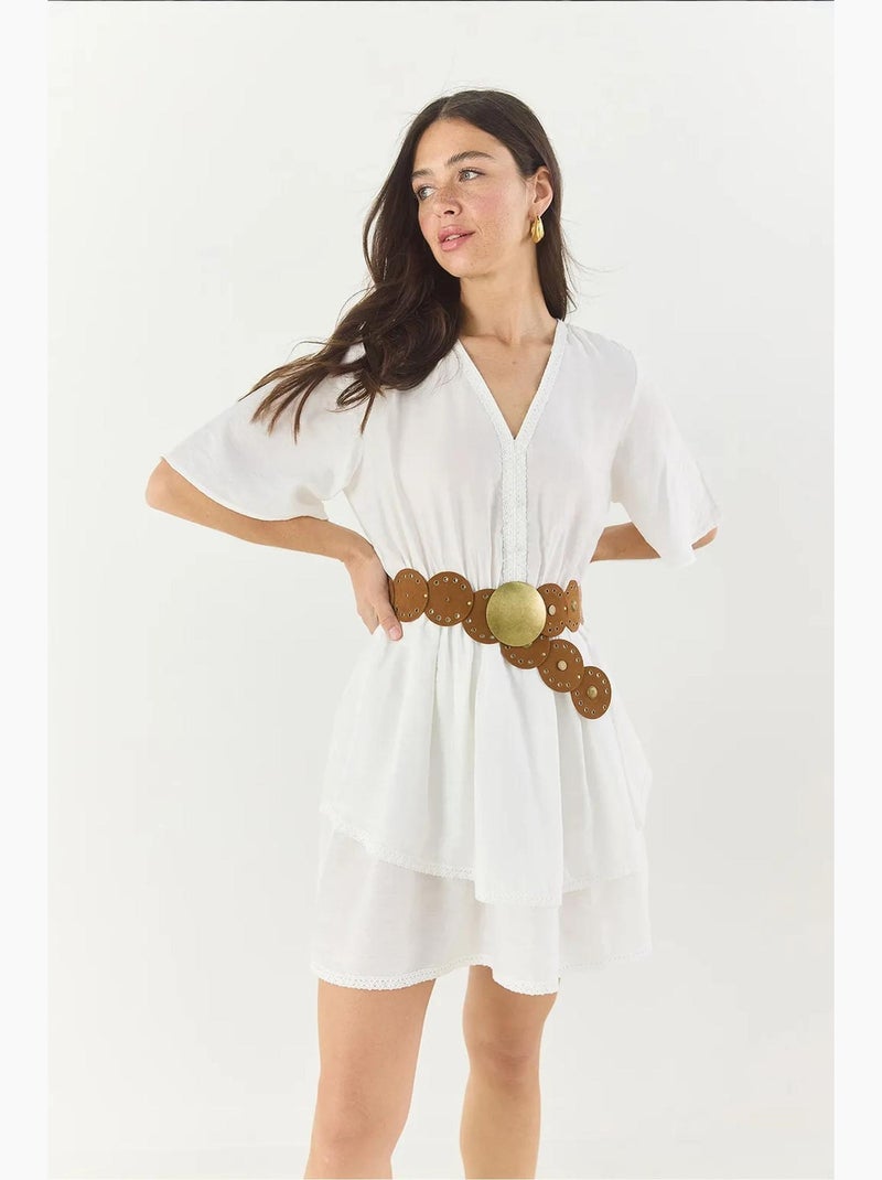 Robe courte col v dentelle lucci Blanc - Kiabi