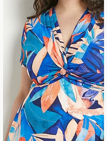 Robe courte col V effet drapé imprimé feuillage - Afibel