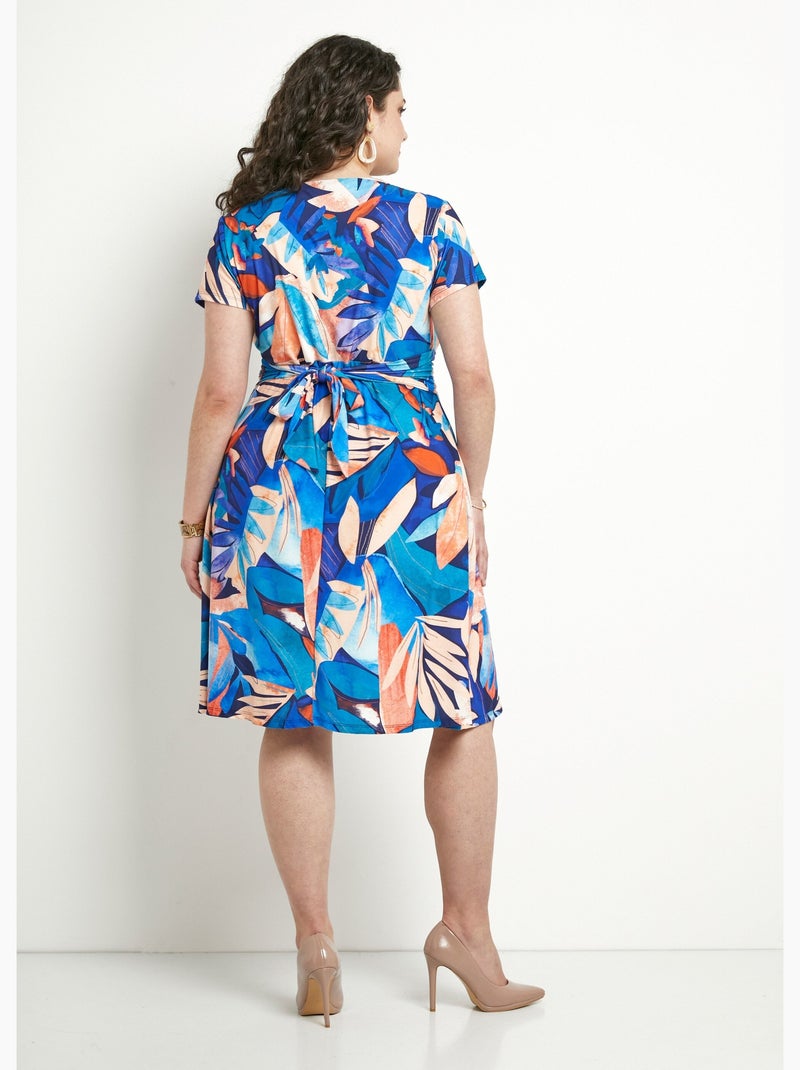 Robe courte col V effet drapé imprimé feuillage - Afibel Bleu Orange - Kiabi