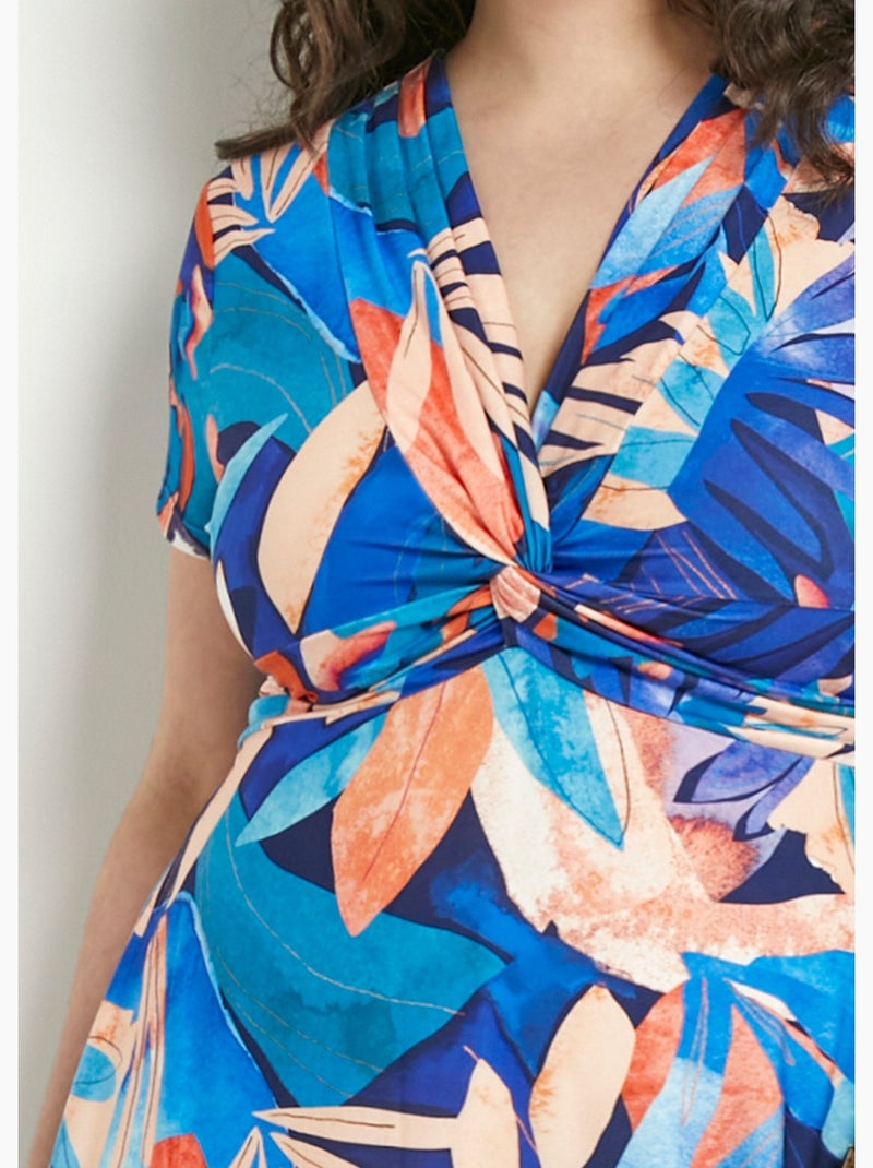 Robe courte col V effet drapé imprimé feuillage - Afibel Bleu Orange - Kiabi