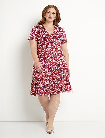 Robe courte col V graphique base évasée