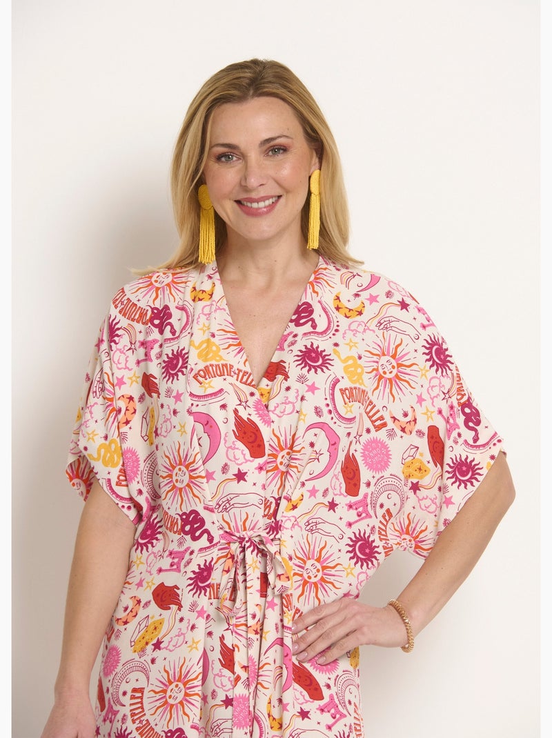 Robe courte col V liens à la taille - Afibel Ecru - Kiabi