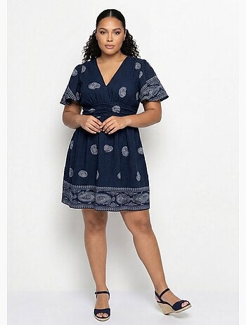 Robe courte col V, motifs ethnique - AFIBEL