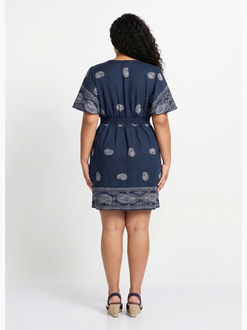 Robe courte col V, motifs ethnique - AFIBEL Bleu marine - Kiabi