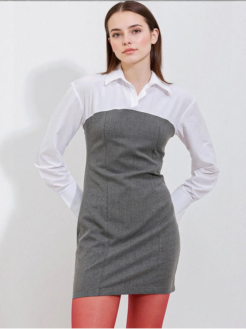 Robe courte color block à col chemise et manches longues bdart Gris Noir - Kiabi