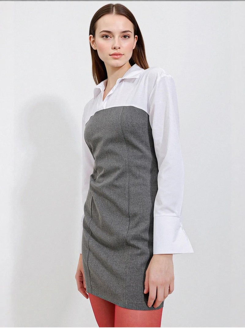 Robe courte color block à col chemise et manches longues bdart Gris Noir - Kiabi