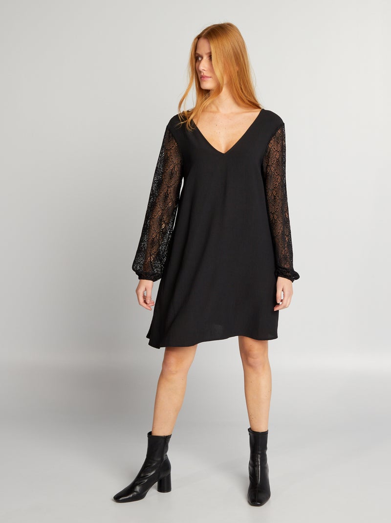 Robe courte crêpée + dentelle Black - Kiabi