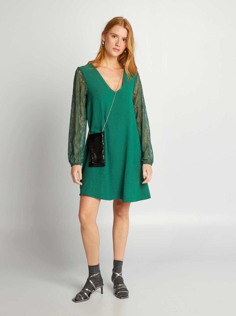 Robe courte crêpée + dentelle Vert - Kiabi