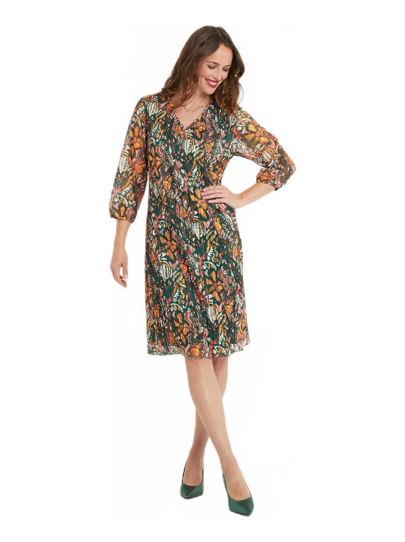 Robe courte dentelle plissée imprimée col V Multicolore - Kiabi