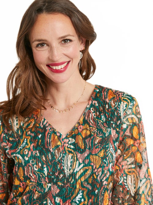 Robe courte dentelle plissée imprimée col V - Kiabi