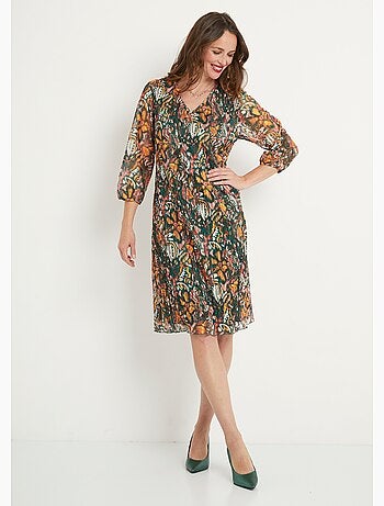 Robe courte dentelle plissée imprimée col V