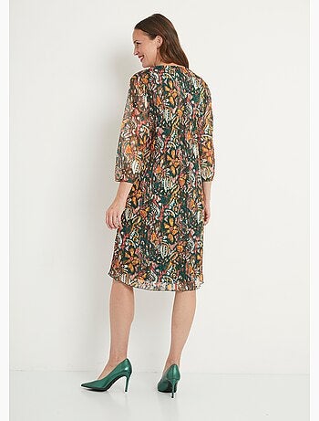 Robe courte dentelle plissée imprimée col V