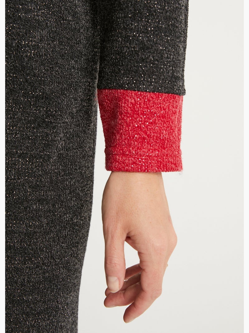 Robe courte droite maille chaude col rond - Afibel Noir Rouge - Kiabi
