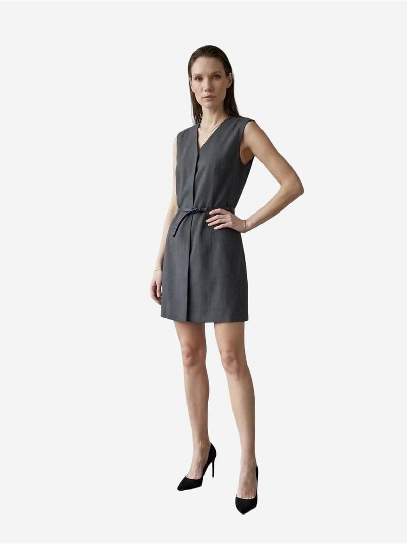 Robe courte droite sans manches à col v et ceinture my fashion Gris Noir - Kiabi