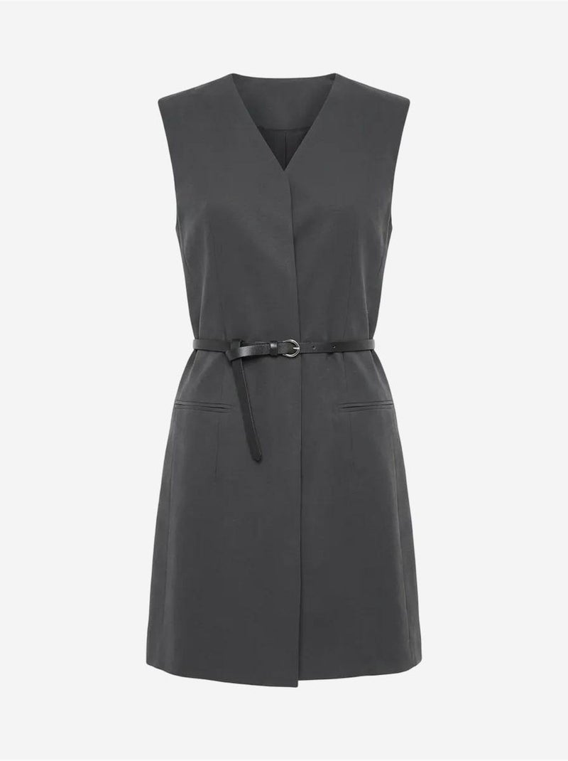 Robe courte droite sans manches à col v et ceinture my fashion Gris Noir - Kiabi