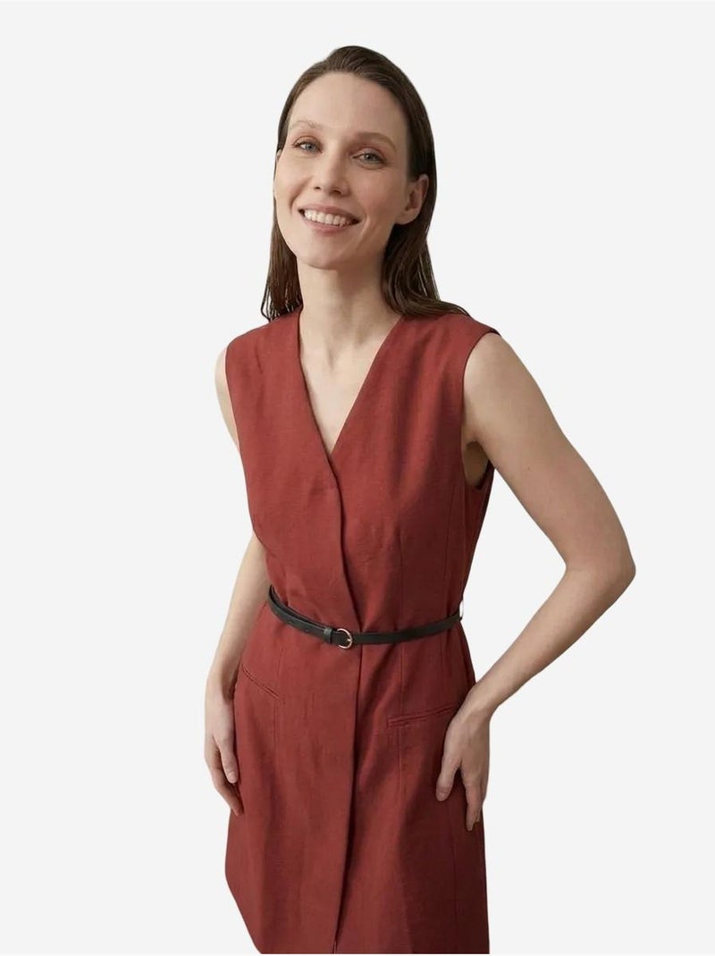 Robe courte droite sans manches à col v et ceinture my fashion Rouge bordeaux - Kiabi