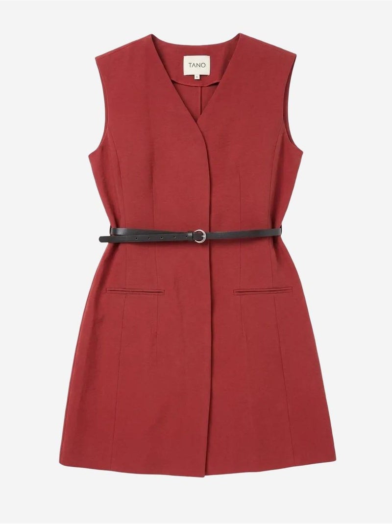 Robe courte droite sans manches à col v et ceinture my fashion Rouge bordeaux - Kiabi