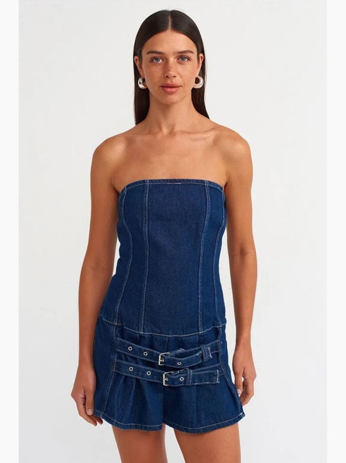 Robe courte en denim sans bretelles avec ceinture dilvin - Kiabi Robe courte en denim sans bretelles avec ceinture dilvin - Kiabi