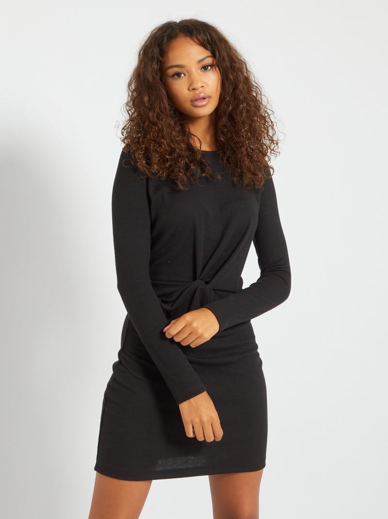 Robe courte en maille côtelée avec nœud fantaisie noir - Kiabi