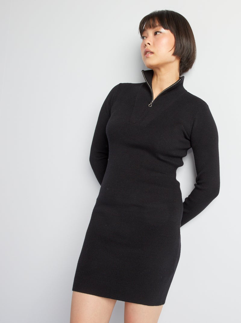 Robe courte en maille côtelée col camionneur noir - Kiabi