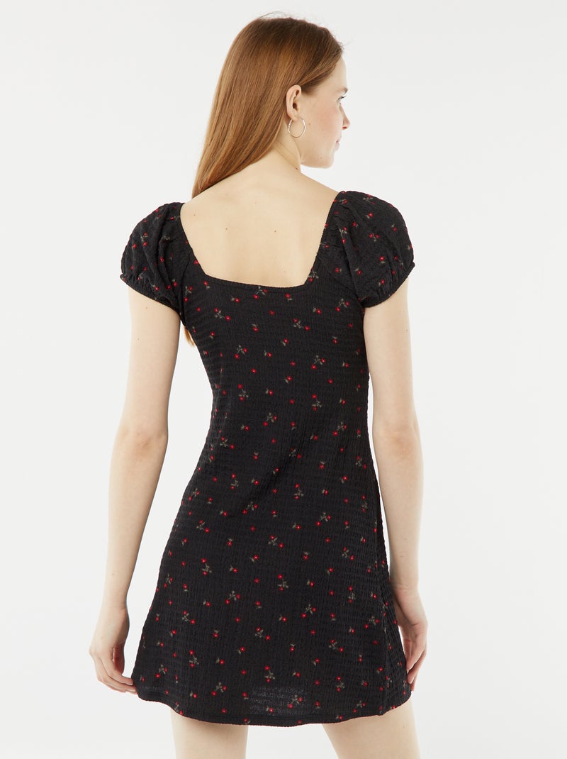Robe courte en matière gaufrée à manches courtes Noir - Kiabi
