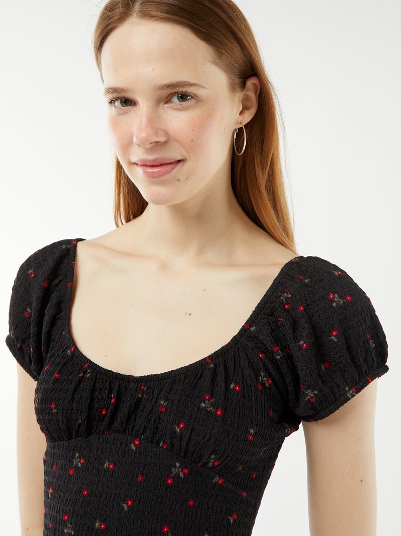 Robe courte en matière gaufrée à manches courtes Noir - Kiabi