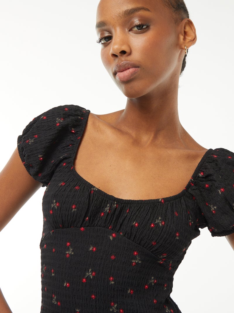 Robe courte en matière gaufrée à manches courtes Noir fleuri - Kiabi