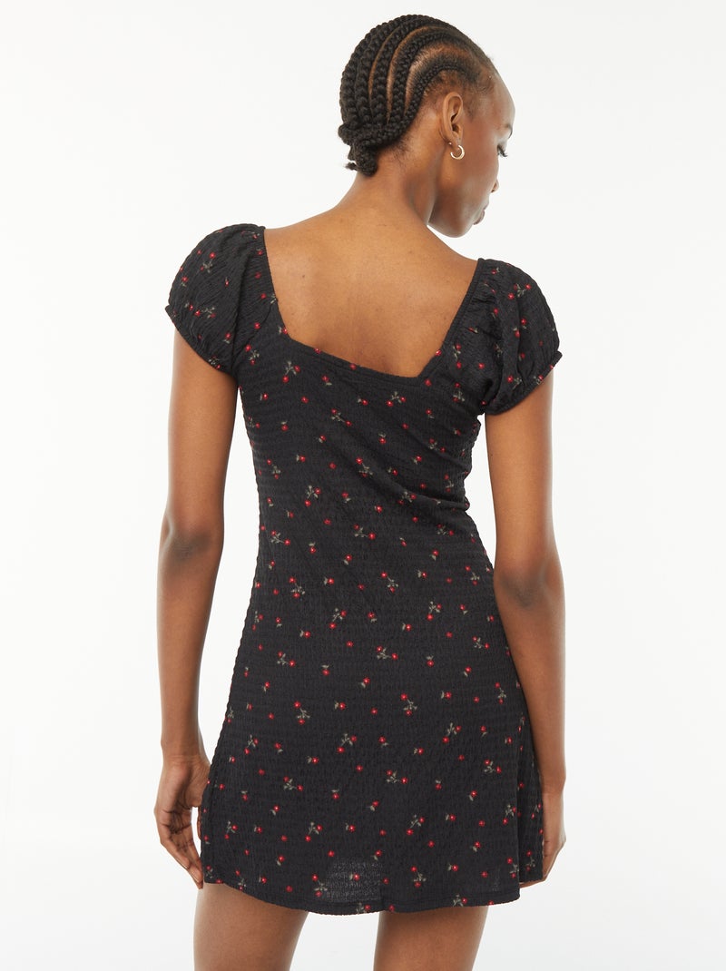 Robe courte en matière gaufrée à manches courtes Noir fleuri - Kiabi