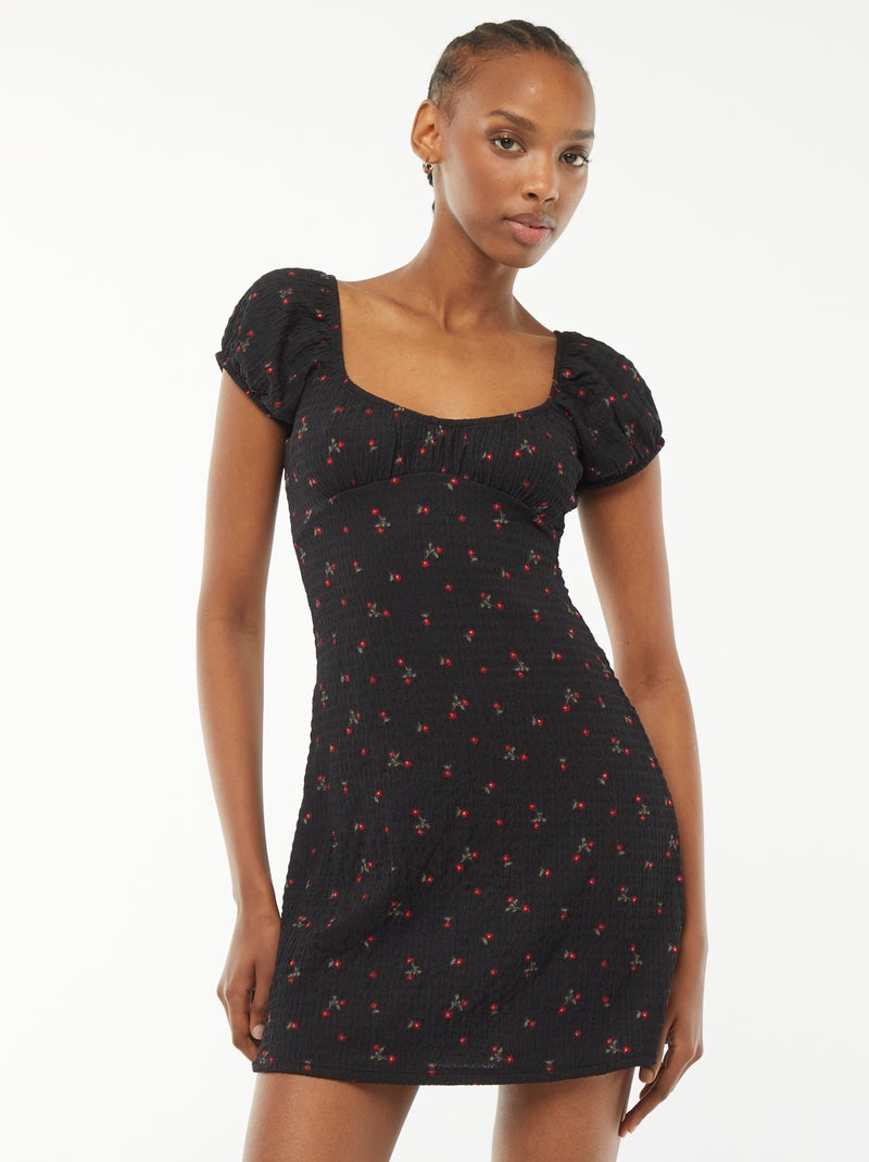 Robe courte en matière gaufrée à manches courtes Noir fleuri - Kiabi