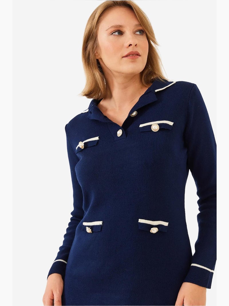 Robe courte en tricot à manches longues avec col chemise et poches lucci Bleu marine - Kiabi