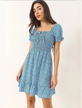 Robe courte en viscose guipure à manches bouffantes et motifs marguerites bianco lucci