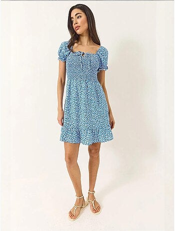 Robe courte en viscose guipure à manches bouffantes et motifs marguerites bianco lucci