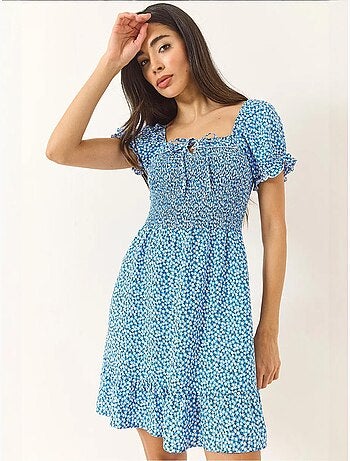 Robe courte en viscose guipure à manches bouffantes et motifs marguerites bianco lucci
