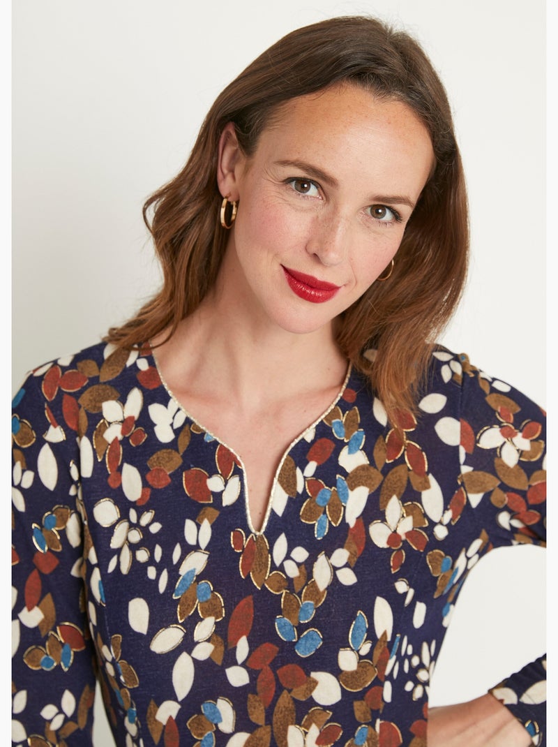 Robe courte évasée feuilles maille chaude - Afibel Bleu Ecru - Kiabi