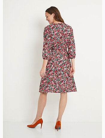 Robe courte évasée fleurie col V boutonné - Afibel