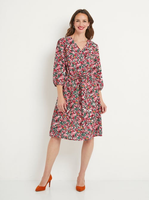 Robe courte évasée fleurie col V boutonné - Afibel - Kiabi