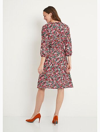 Robe courte évasée fleurie col V boutonné