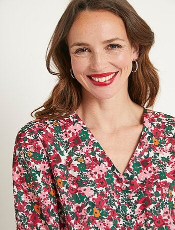 Robe courte évasée fleurie col V boutonné