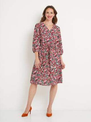 Robe courte évasée fleurie col V boutonné