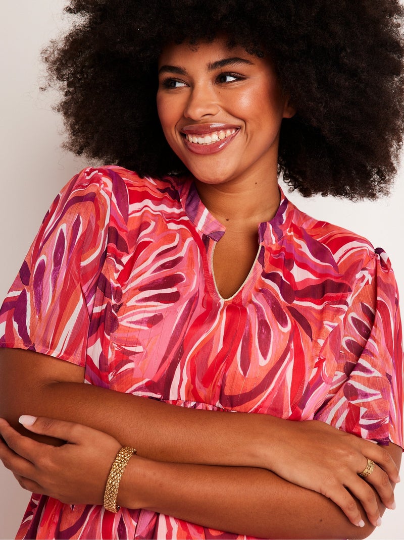 Robe courte évasée motif feuilles - Afibel Rose fushia - Kiabi
