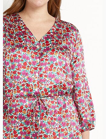 Robe courte évasée satin fleuri col V boutonné - Afibel