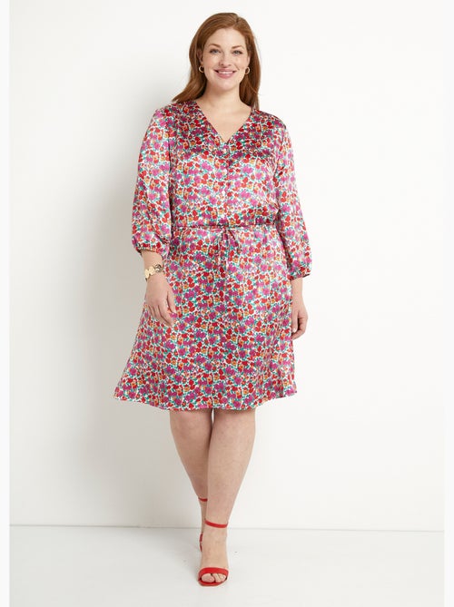 Robe courte évasée satin fleuri col V boutonné - Afibel - Kiabi