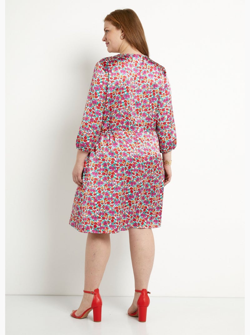 Robe courte évasée satin fleuri col V boutonné - Afibel Multicolore - Kiabi