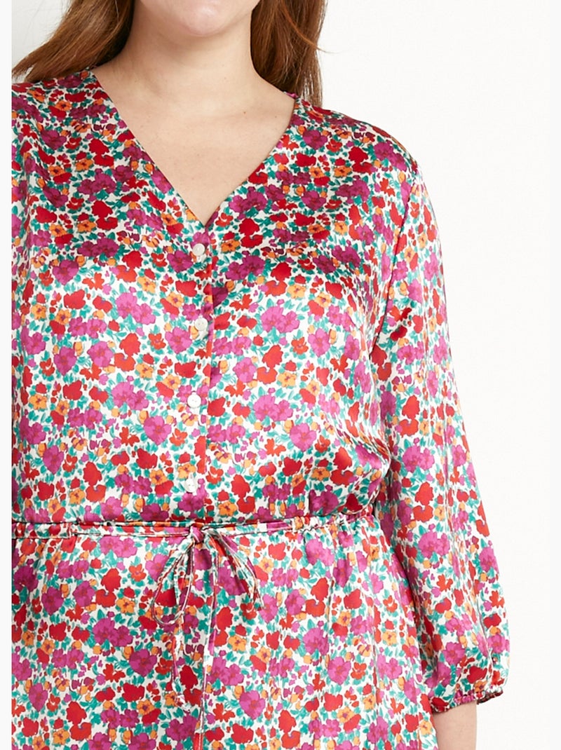 Robe courte évasée satin fleuri col V boutonné - Afibel Multicolore - Kiabi
