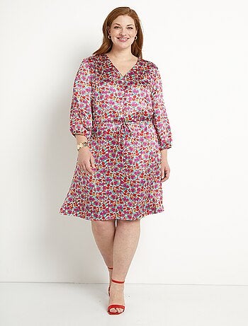 Robe courte évasée satin fleuri col V boutonné