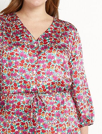 Robe courte évasée satin fleuri col V boutonné
