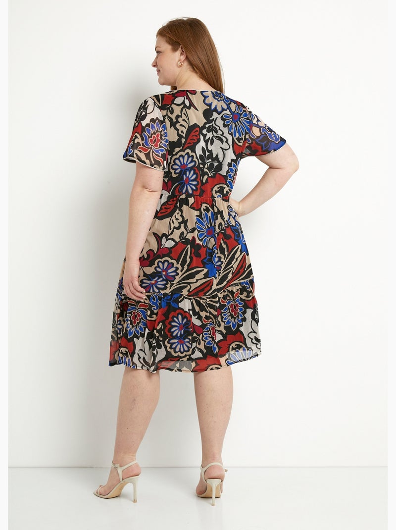 Robe courte évasée volantée voile imprimé - Afibel Noir Ecru - Kiabi